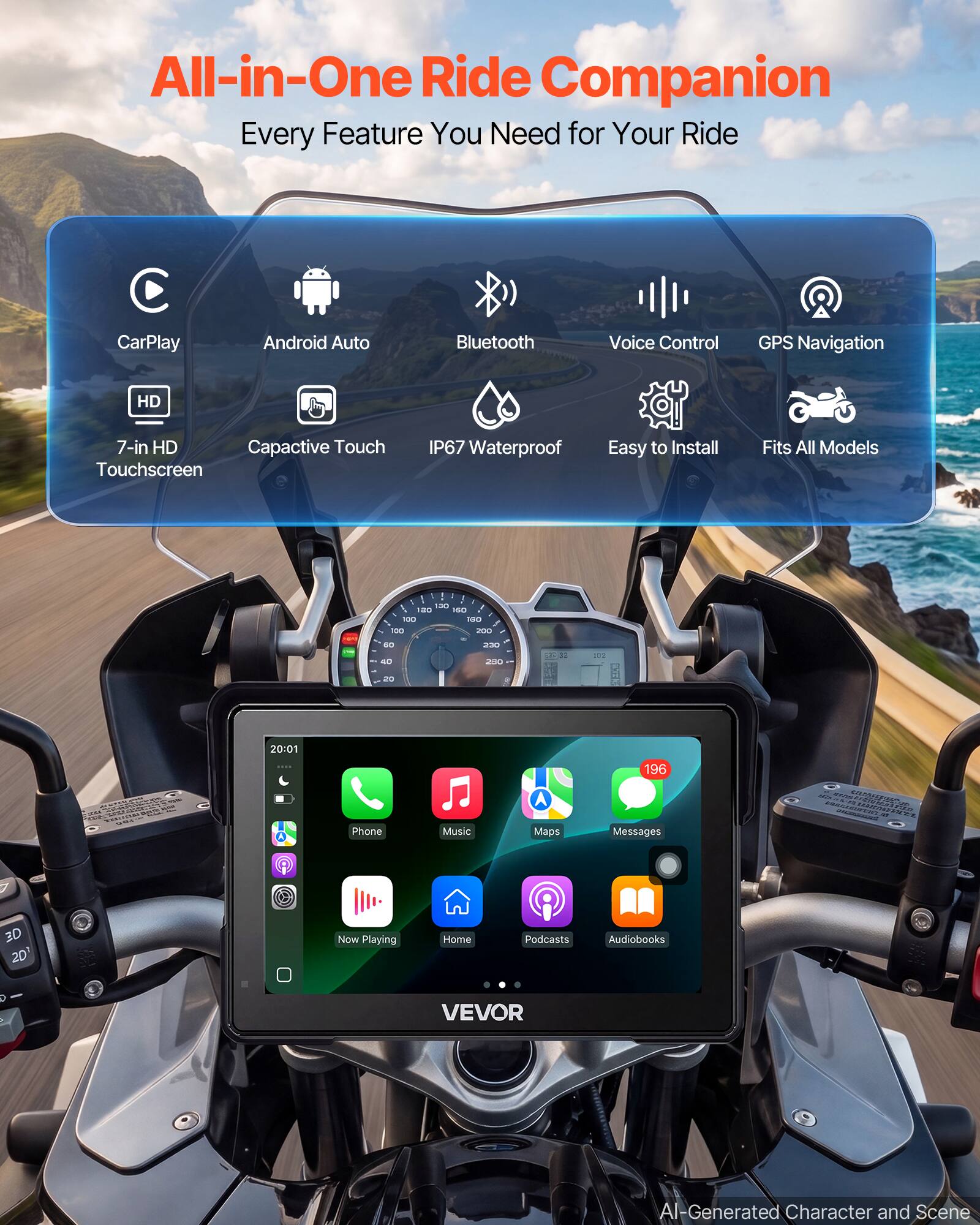 All-in-One Ride Companion  
Every Feature You Need for Your Ride

- CarPlay
- Android Auto
- Bluetooth
- Voice Control
- GPS Navigation
- HD 7-in HD Capacitive Touch Touchscreen
- IP67 Waterproof
- Easy to Install
- Fits All Models

100 120 160 100 100 100 200  
60 40  
220 250  
CH 98  
102  
20  
-  
20:01

Phone  
Music  
A Maps  
196 Messages  
- MY  
3D 2D

Now Playing  
Home  
Podcasts  
Audiobooks

VEVOR  
AI-Generated Character and Scene