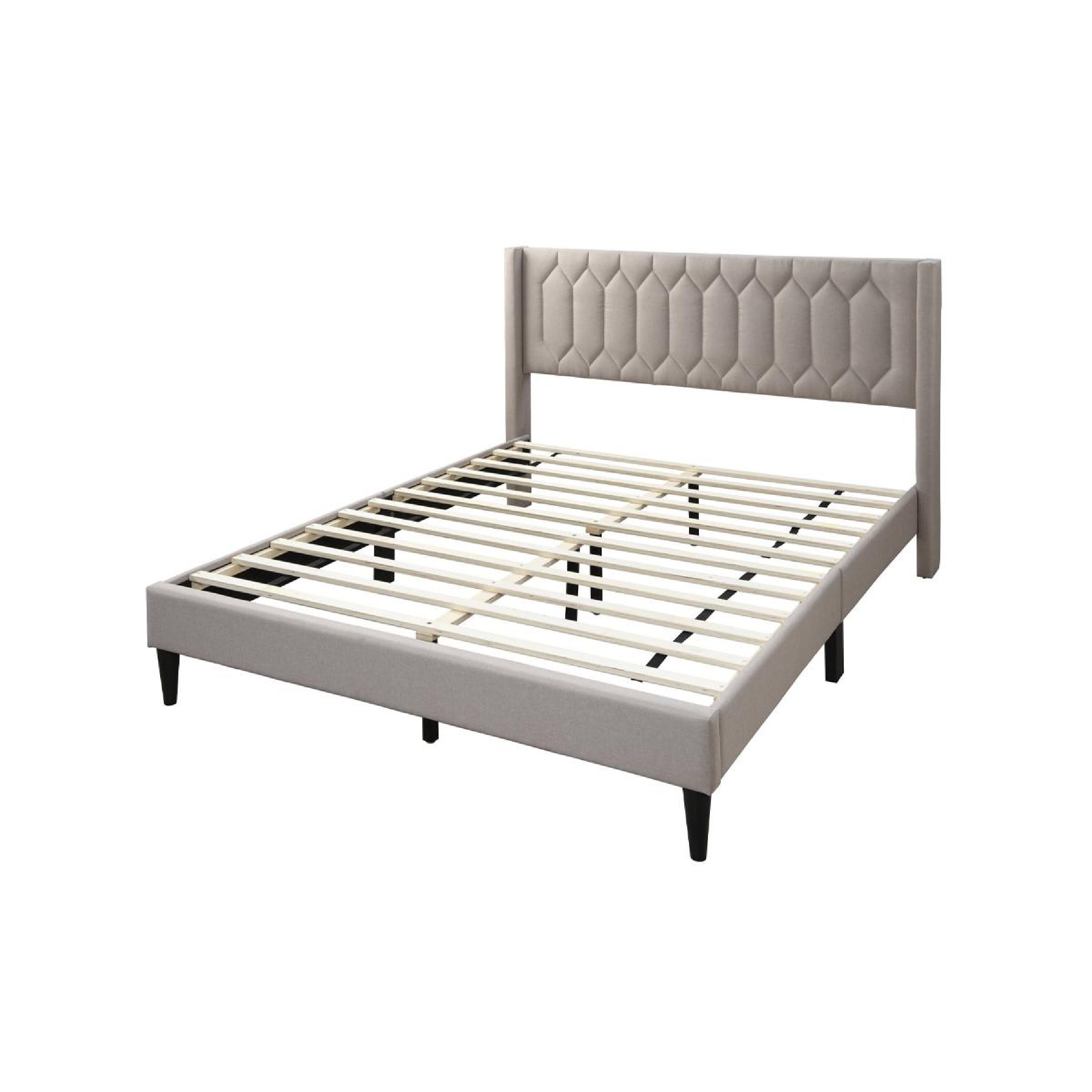 Alt View 1. Manhattan Lane - Jeo Queen Size Bed, Geometric Stitched Light Brown Burlap Upholstery - Light Brown, Black.