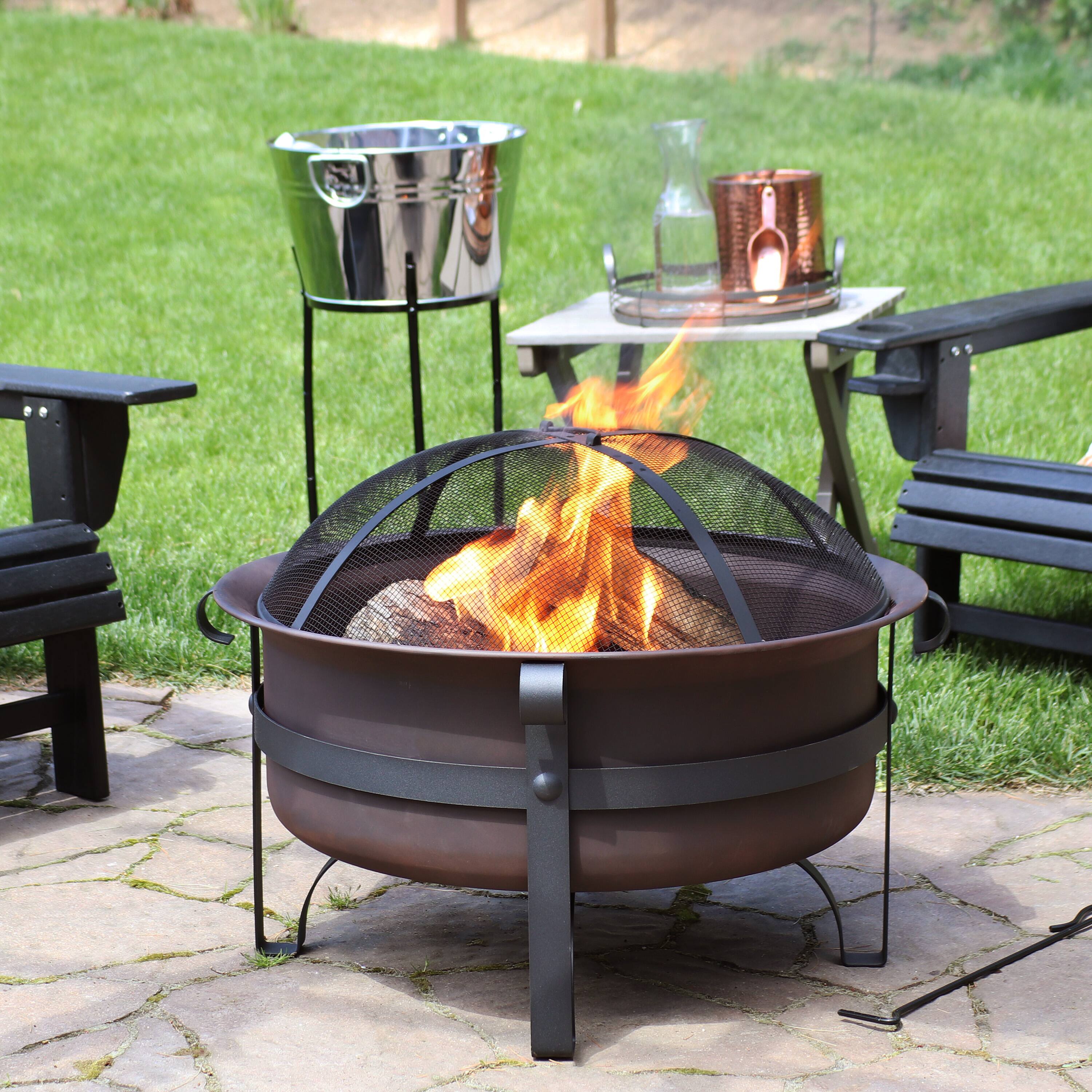 Alt View 1. Sunnydaze - 29 in Cauldron Style Steel Fire Pit with Spark Screen - Bronze.