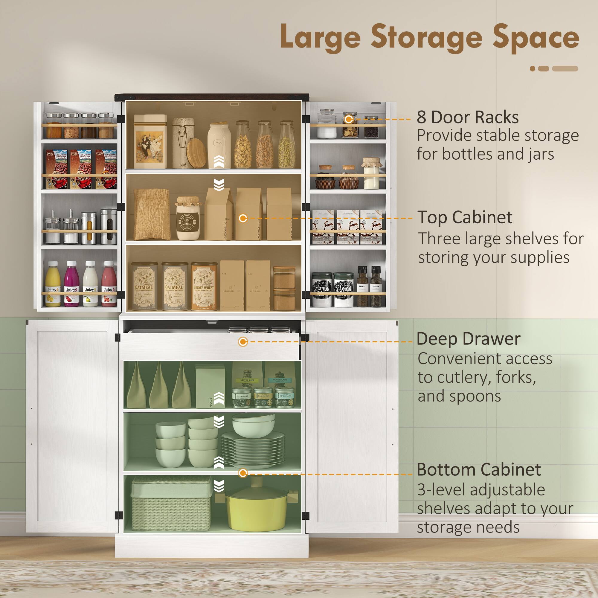 Large Storage Space

- 8 Door Racks
  Provide stable storage for bottles and jars

- Top Cabinet
  Three large shelves for storing your supplies

- Deep Drawer
  Convenient access to cutlery, forks, and spoons

- Bottom Cabinet
  3-level adjustable shelves adapt to your storage needs