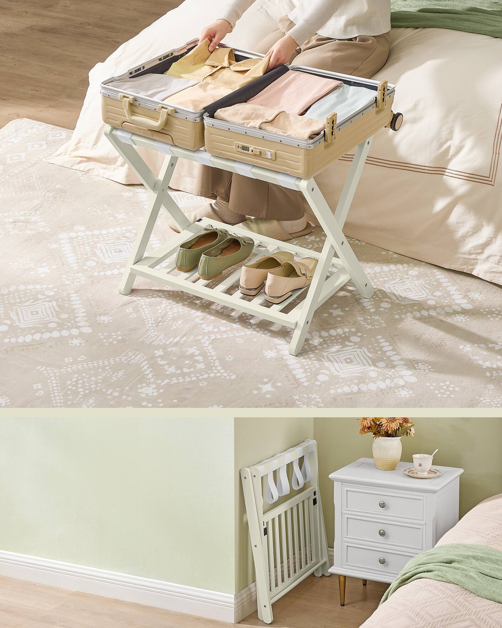 Alt View 2. Songmics Home - Solid Wood Luggage Rack, No Assembly Required, Foldable Suitcase Stand, Luggage Holder, with Storage Shelf - Cream White.
