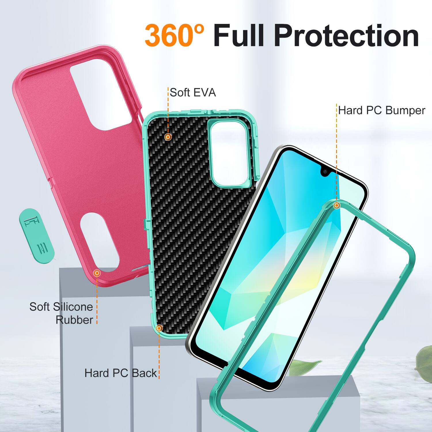 360° Full Protection

- Soft EVA
- Hard PC Bumper
- Soft Silicone Rubber
- Hard PC Back