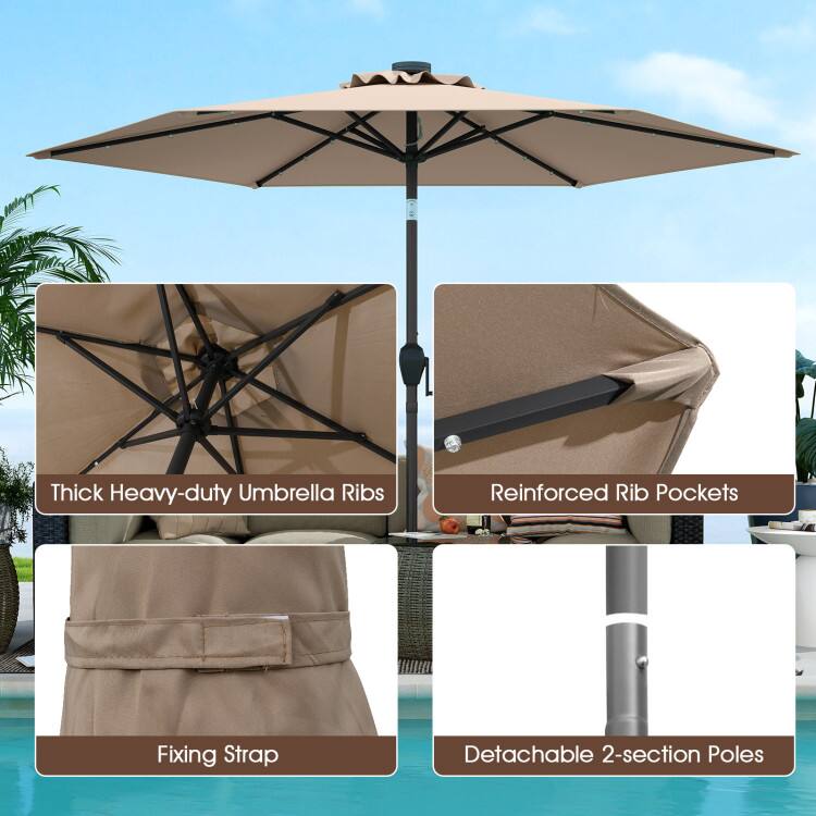 Thick Heavy-duty Umbrella Ribs  
Reinforced Rib Pockets  
Fixing Strap  
Detachable 2-section Poles