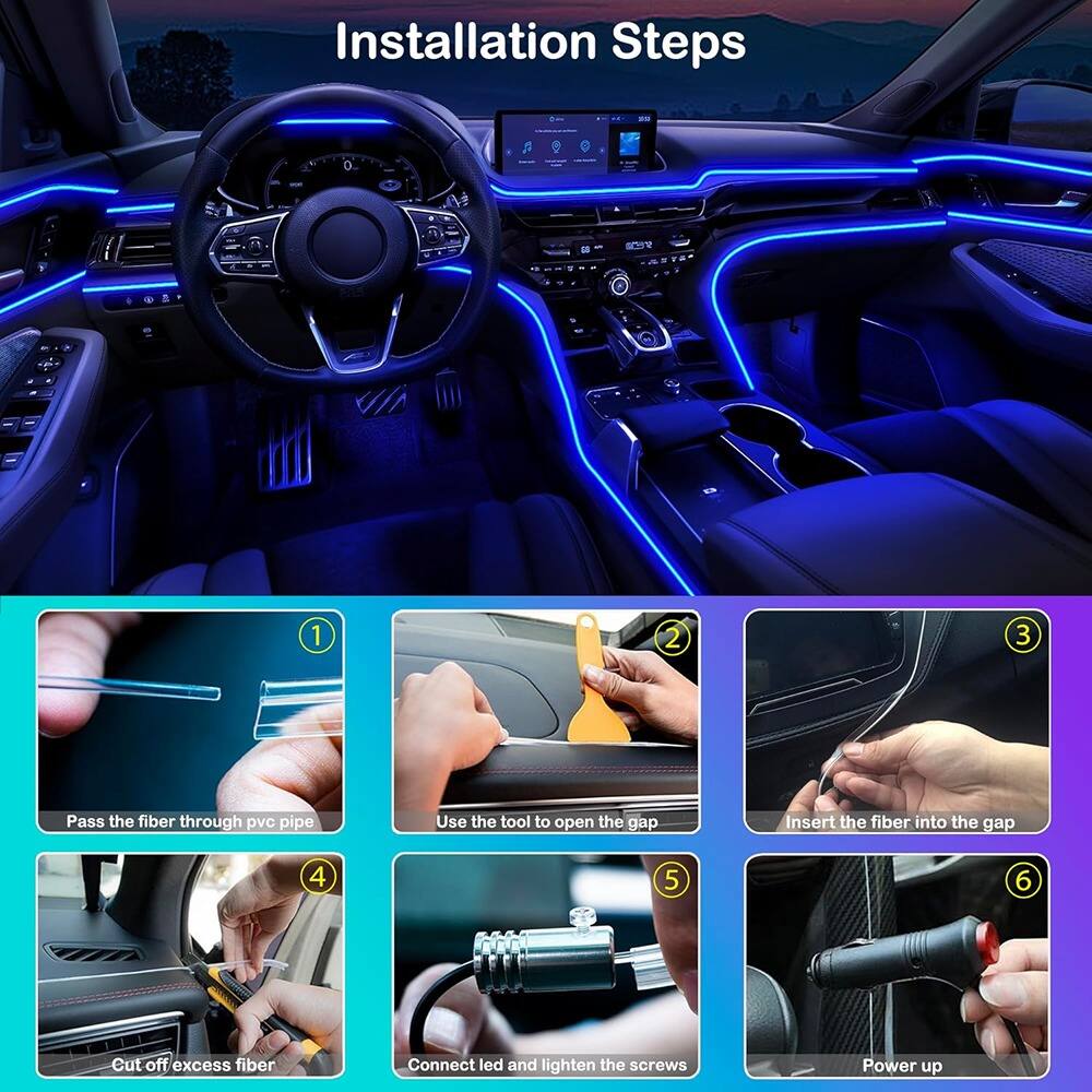 Installation Steps

1. Pass the fiber through pvc pipe
2. Use the tool to open the gap
3. Insert the fiber into the gap
4. Cut off excess fiber
5. Connect led and tighten the screws
6. Power up