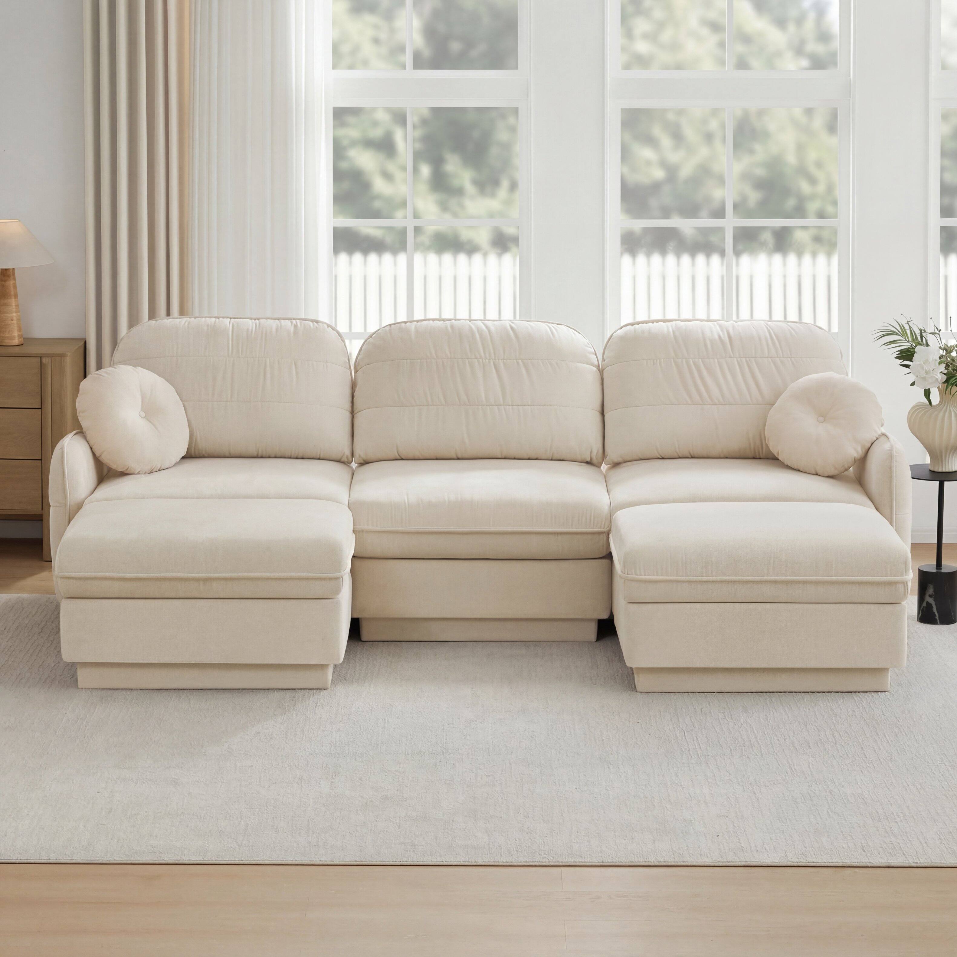 Angle. LOVMOR - 105 inch Chenille Couch U Shaped Deep Seat Storage Ottoman Anti Slip For Living Room Apartment Lounge Plush TV - Cream Beige.