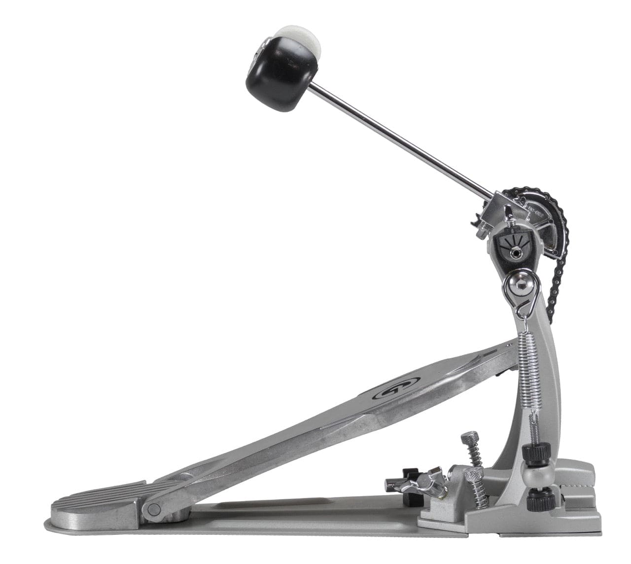 Angle. Gibraltar Hardware - Road Class Chain Drive Bass Drum Pedal, w/ Single Chain Cam, G-Class Pillar Frame, Side Hoop Clamp & Quiet Spring Rocker.