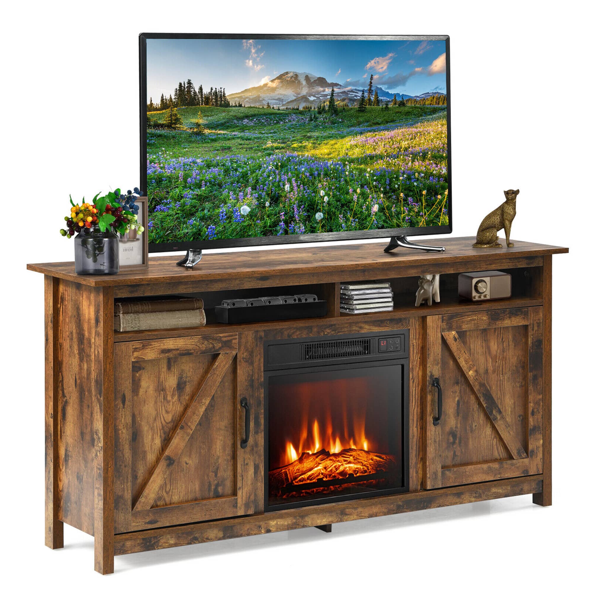 Front. Gymax - Gymax 60'' Industrial Fireplace TV Stand W/ 18'' 1400W Electric Fireplace - Brown.