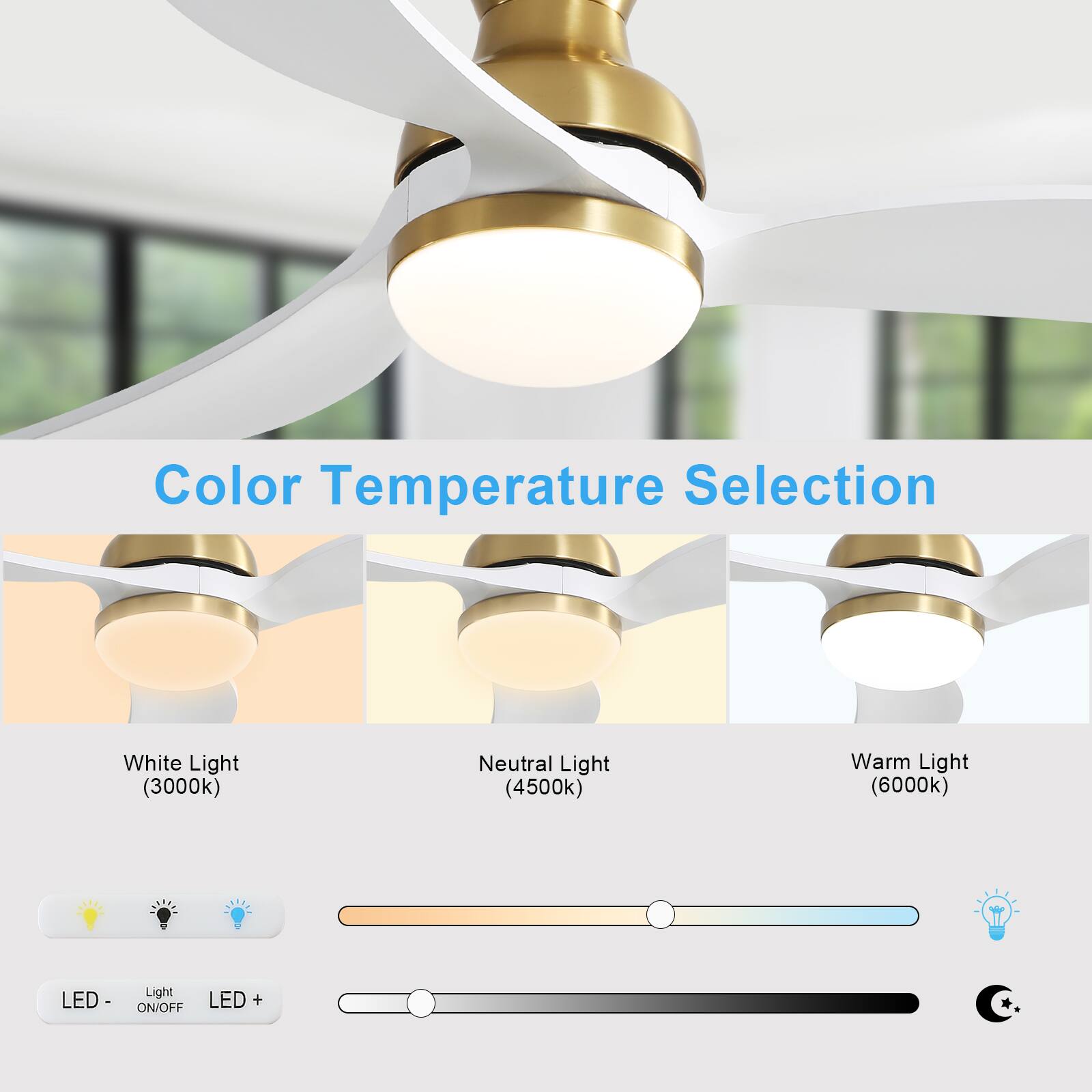 Color Temperature Selection

White Light (3000k)

Neutral Light (4500k)

Warm Light (6000k)

LED - Light ON/OFF

LED +
