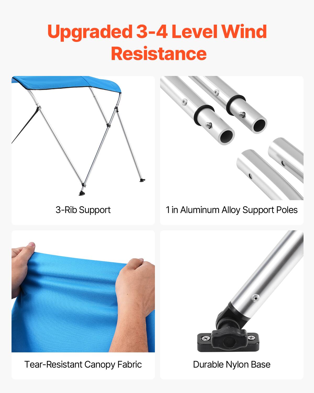 Upgraded 3-4 Level Wind Resistance

- 3-Rib Support
- 1 in Aluminum Alloy Support Poles
- Tear-Resistant Canopy Fabric
- Durable Nylon Base