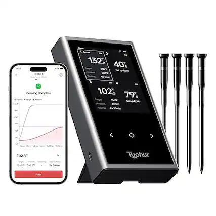 94 560 300 ot Probe 1 Cooking Complete Tergen Amoient Smart 2 132% 40% 140 SetupCook 200 TY Smin 3 4 102 79 Target 156T Setup-Cook Ambient 2001 Resting v20mln 2e N 14 4n X Tamin 35re 4me Somin Pe1Oman 132.9 Remaining Goos Dunon 155.0 350.5 th 20min Typhur Fiish
Corrected text:
94 560 300 ot Probe 1 Cooking Complete Tergen Amoient Smart 2 132% 40% 140 SetupCook 200 TY Smin 3 4 102 79 Target 156T Setup-Cook Ambient 2001 Resting v20mln 2e N 14 4n X Tamin 35re 4me Somin Pe1Oman 132.9