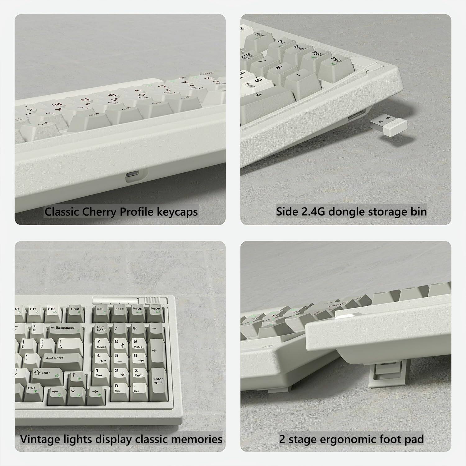 - Classic Cherry Profile keycaps
- Side 2.4G dongle storage bin
- Vintage lights display classic memories
- 2 stage ergonomic foot pad