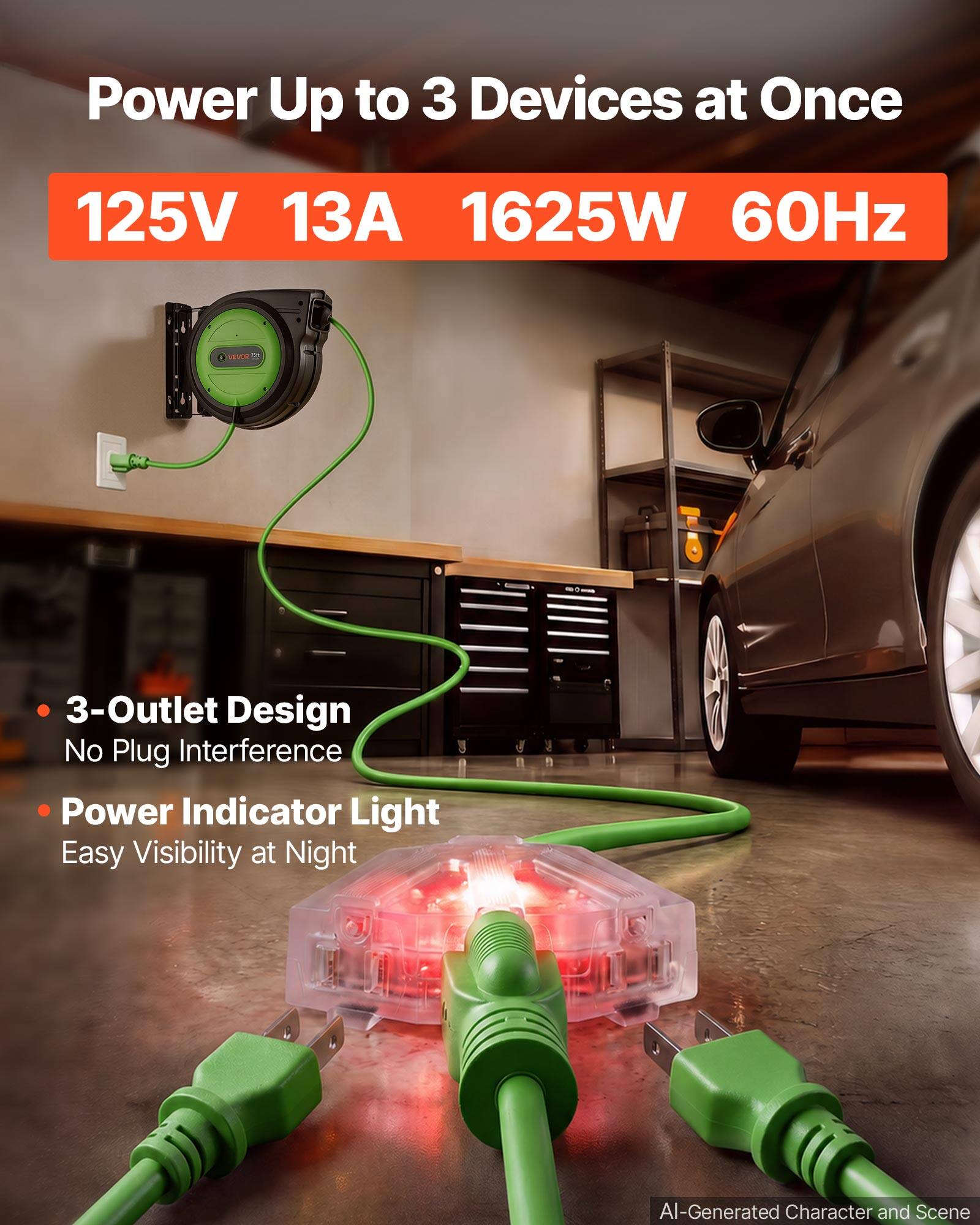 VEVOR Retractable Extension Cord Reel 75FT Heavy Duty 14AWG/3C SJTOW ...