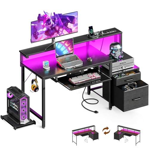 Front. Hirose Alice - 48-inch Gaming Desk With Power Outlets & Led Light Reversible Pc Fabric Drawer And File Cabinet Computer Tray - Black-63 Inch.