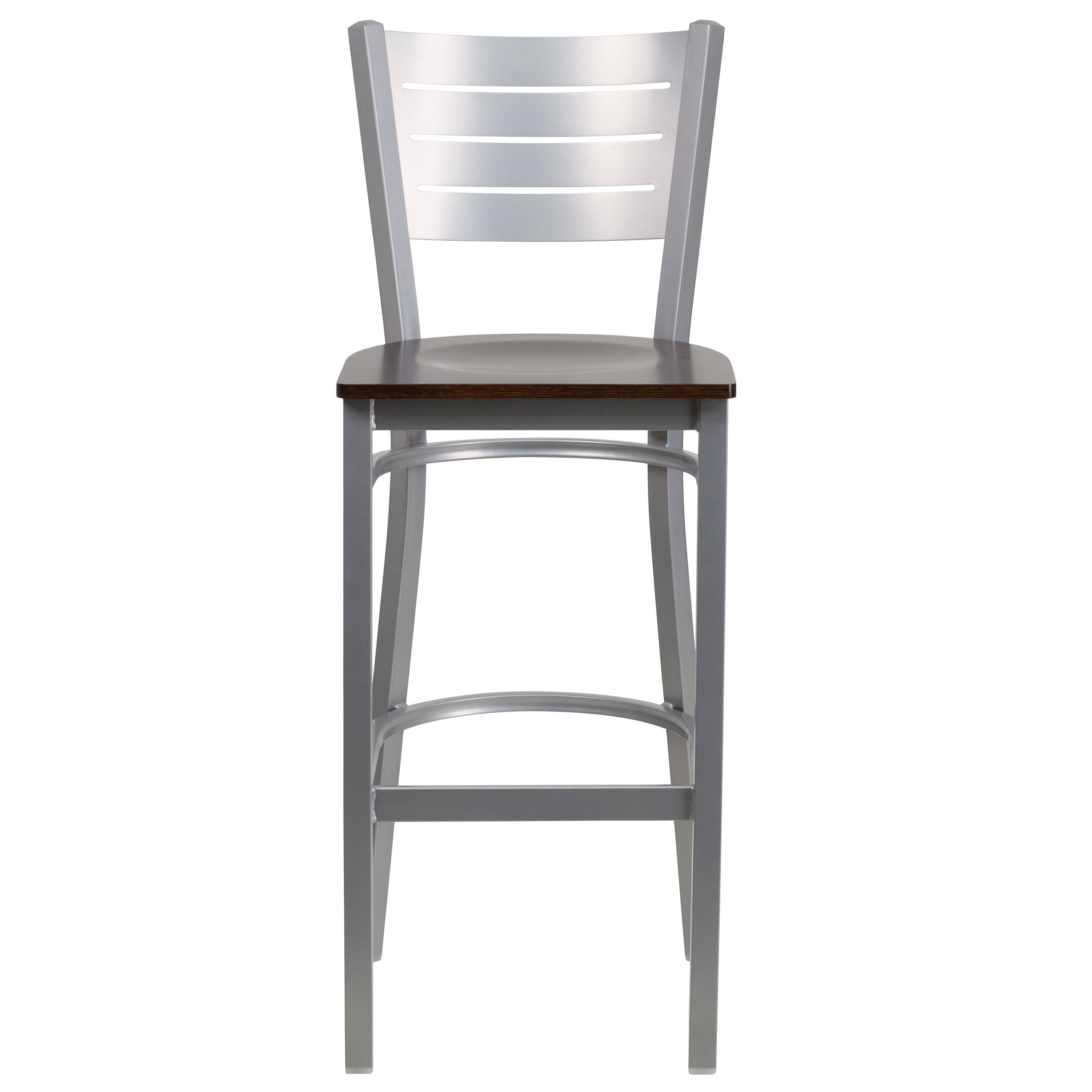 Alt View 5. Emma + Oliver - Silver Slat Back Metal Restaurant Dining Barstool - Walnut Wood Seat/Silver Frame.