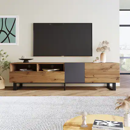 Front. Dexmalle - Dexmalle-Modern TV Stand for 80 Inch TVs Entertainment Center with Double Storage Space-Brown - Wood.