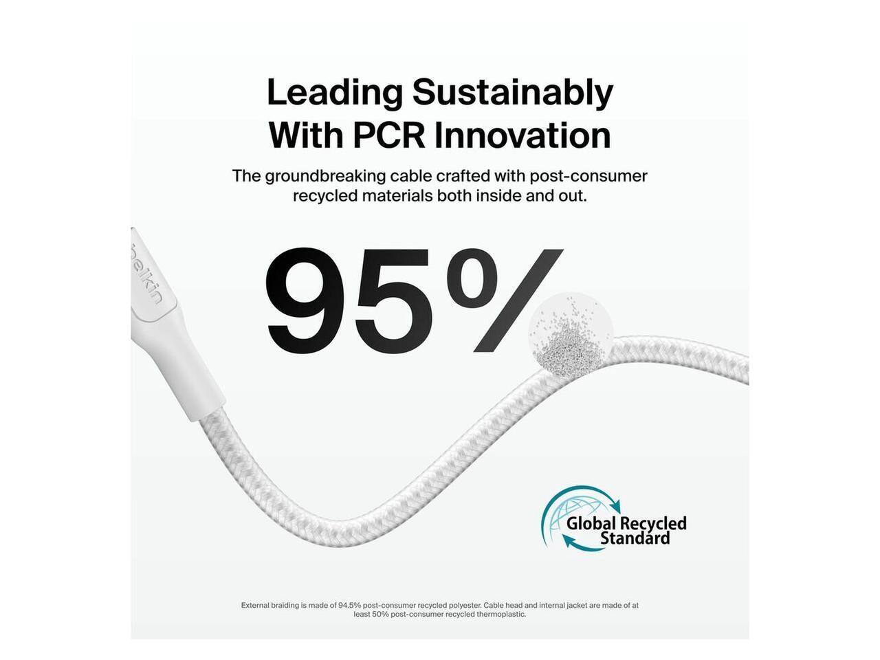 Leading Sustainably With PCR Innovation

The groundbreaking cable crafted with post-consumer recycled materials both inside and out.

95% Global Recycled Standard

External braiding is made of 94.5% post-consumer recycled polyester. Cable head and internal jacket are made of at least 50% post-consumer recycled thermoplastic.