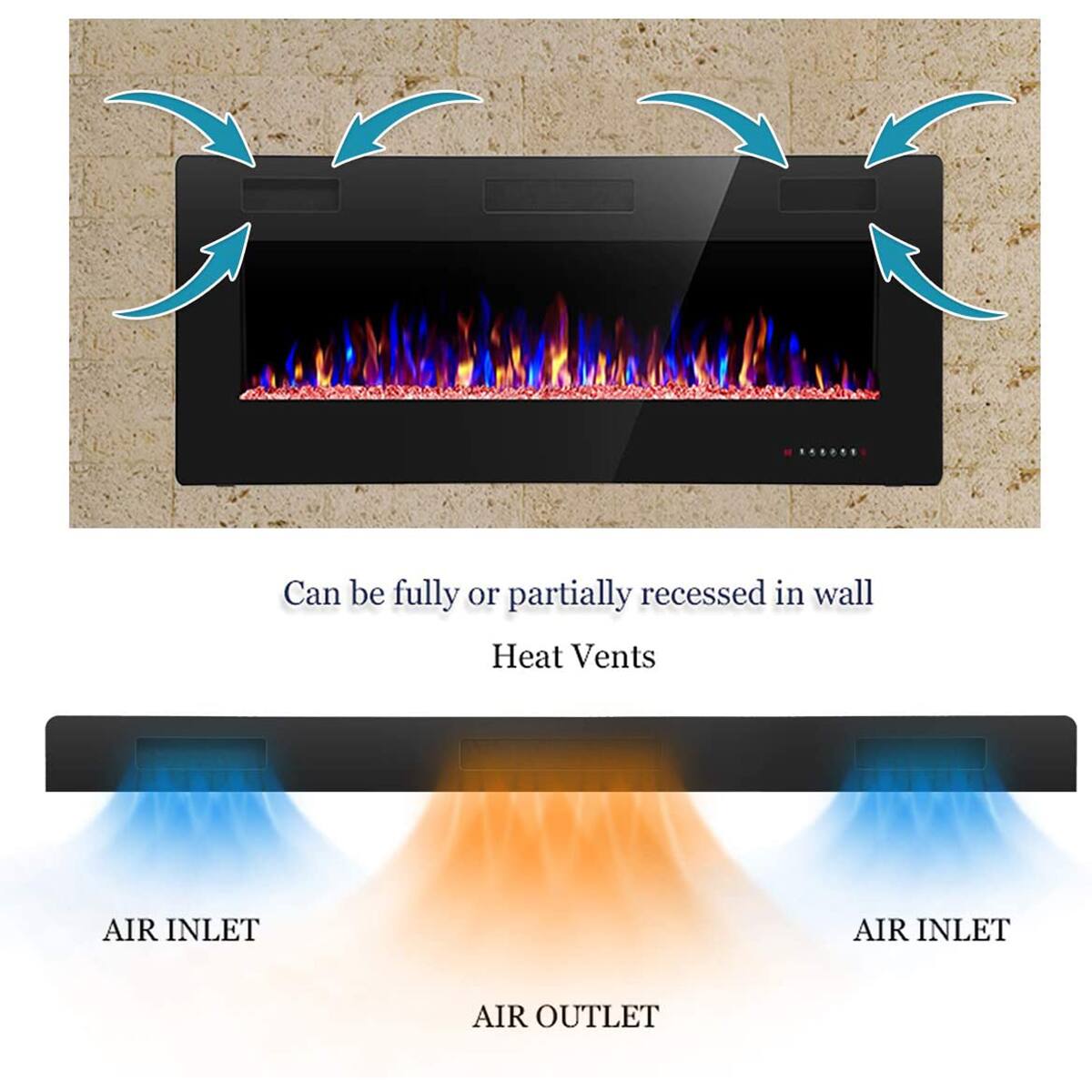 Can be fully or partially recessed in wall  
Heat Vents  

AIR INLET  
AIR INLET  
AIR OUTLET