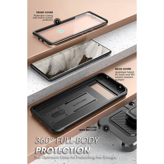 FRONT COVER  
Protective casing with built-in screen protector  

BACK COVER  
Dual-layer hybrid PC back and TPU impact resistant bumper  

CASE SUP  
HOLSTER WITH BELT-CLIP  

360° FULL-BODY PROTECTION  
The Optimum Case for Protecting the Google