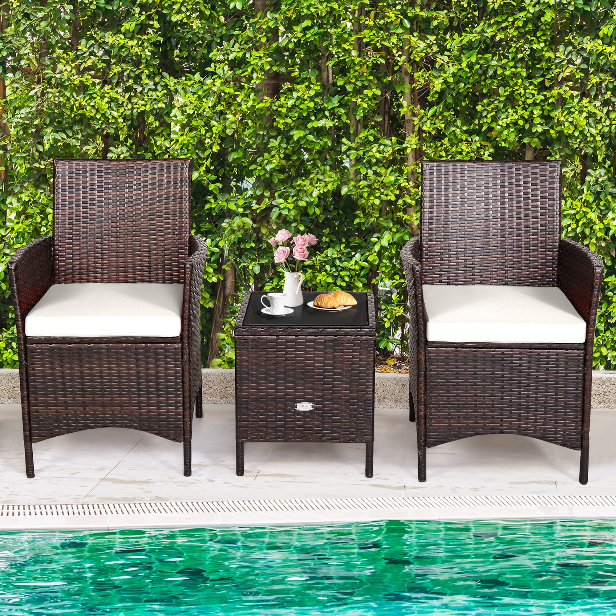 Alt View 2. Gymax - Gymax 3PCS Outdoor Rattan Conversation Set Patio Furniture Set w/ White Cushions - White.