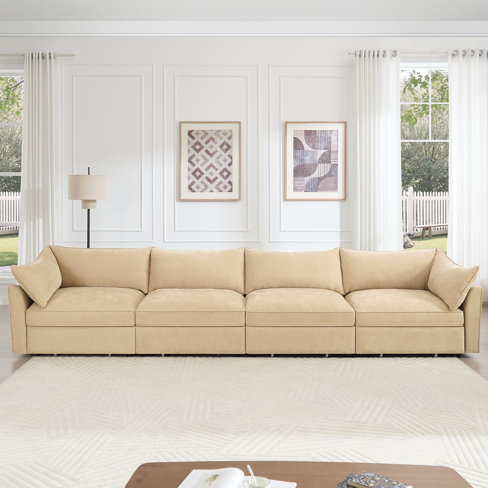 Aukfa - 4-Seater Sofa with Pull-Out Drawers - Crescent-Shaped Armrests, Chenille Fabric, Wraparound Cushions - Hazelwood