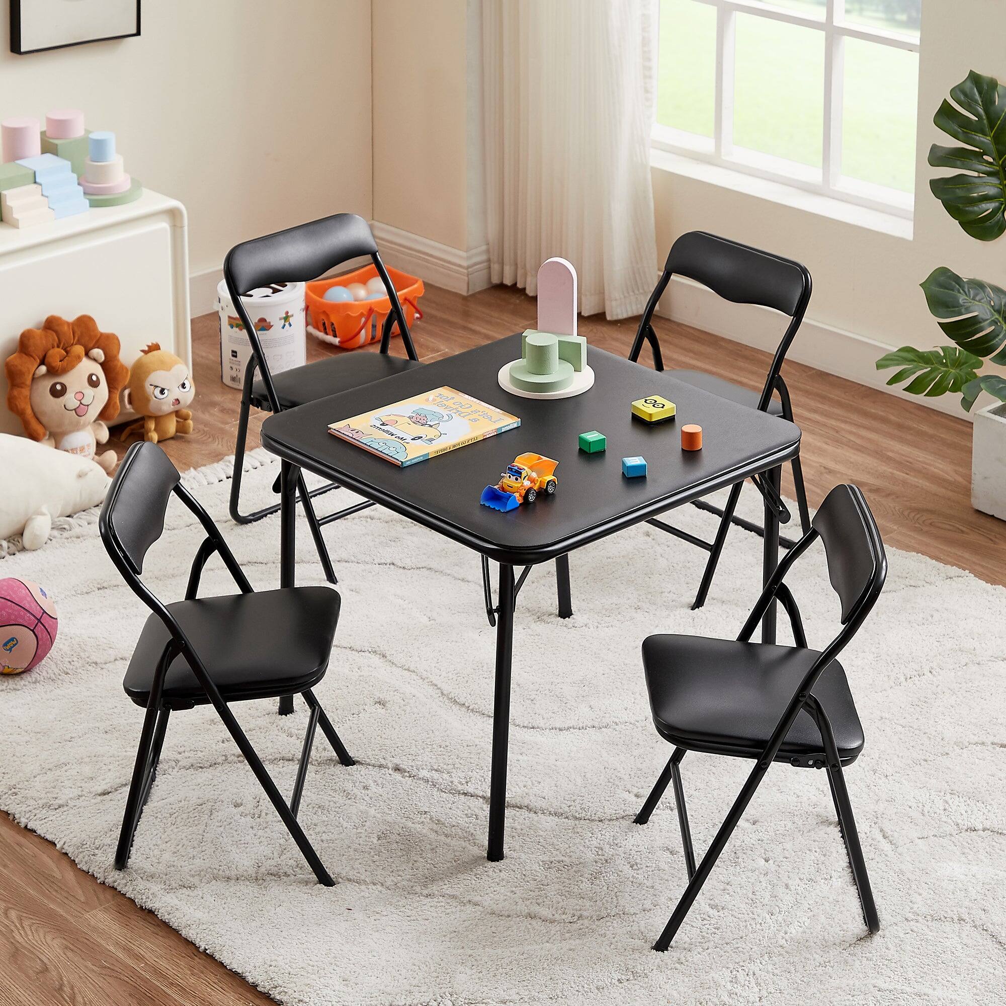 Alt View 1. Vecelo - Kids Folding Table and Chairs Set of 5- Toddler Activity Center , Play & Learning, Indoor Outdoor Use - Black.