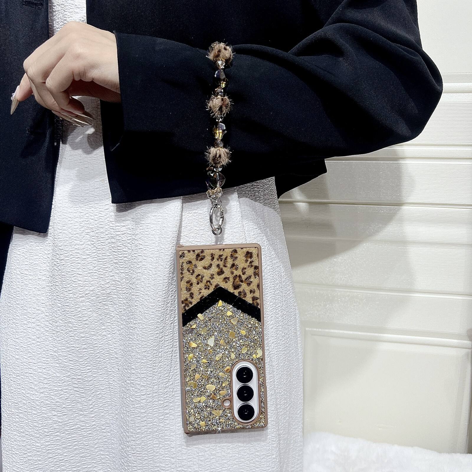Alt View 3. Dteck - Shockproof Phone Case for Samsung Galaxy Z Fold7 with Beaded Wrist Strap, Glitter Rhinestone Hard PC Protective Cover - Gold.