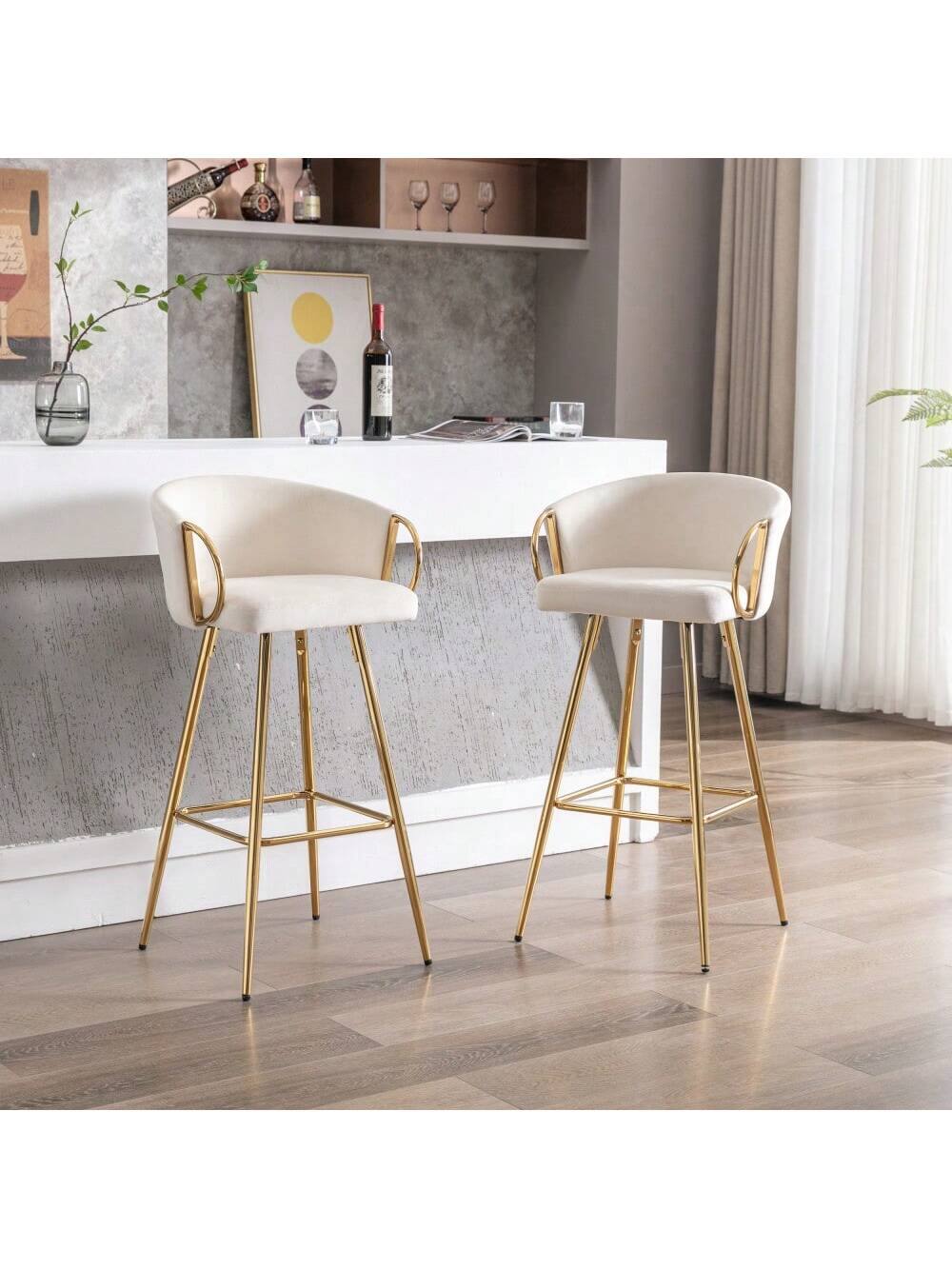 Alt View 5. Trinkets Crazed - 26" Velvet Counter Stools Set Of 2, Luxury Bar Chair With Low Back and Gold Legs For Kitchen Island - Beige.