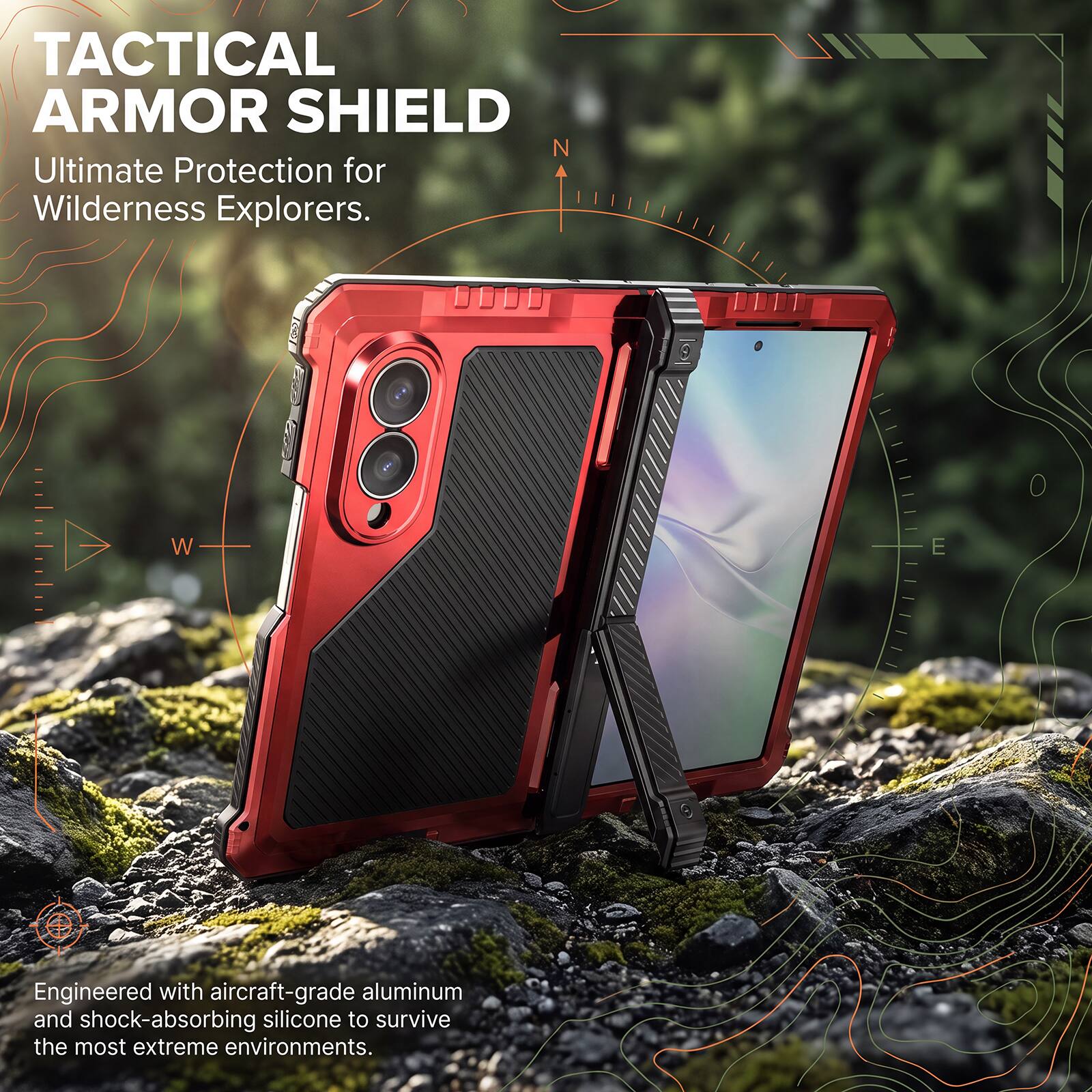 TACTICAL ARMOR SHIELD  
Ultimate Protection for Wilderness Explorers.  

Engineered with aircraft-grade aluminum and shock-absorbing silicone to survive the most extreme environments.