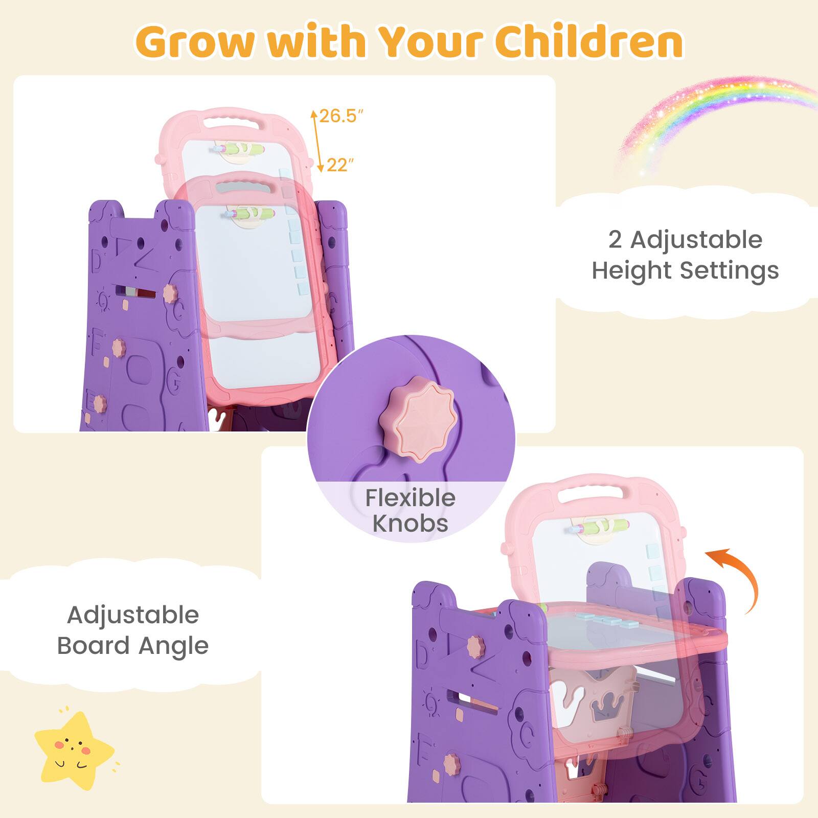 Grow with Your Children

26.5" 22" 2 Adjustable Height Settings

Flexible Knobs

Adjustable Board Angle