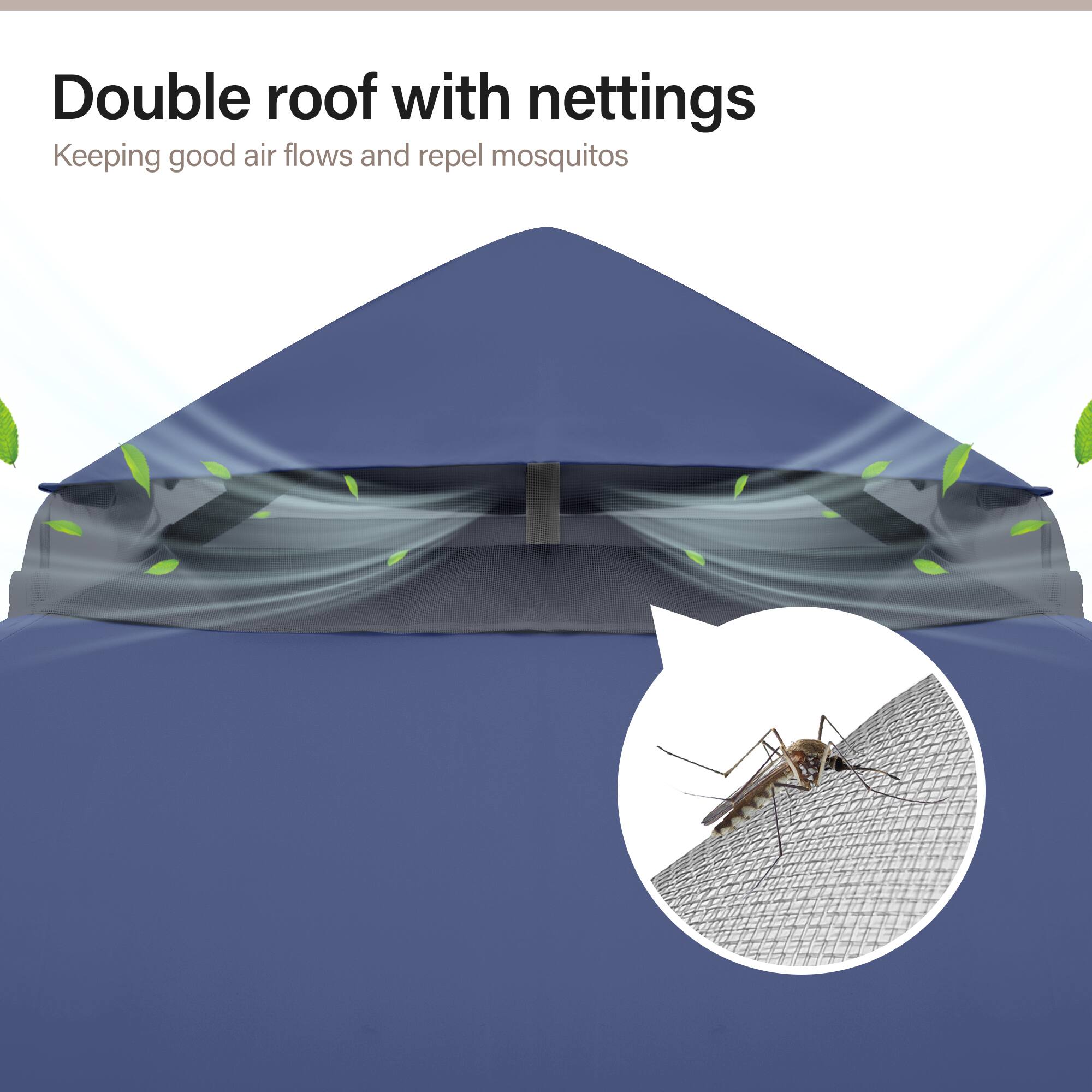 Double roof with nettings  
Keeping good air flows and repel mosquitos