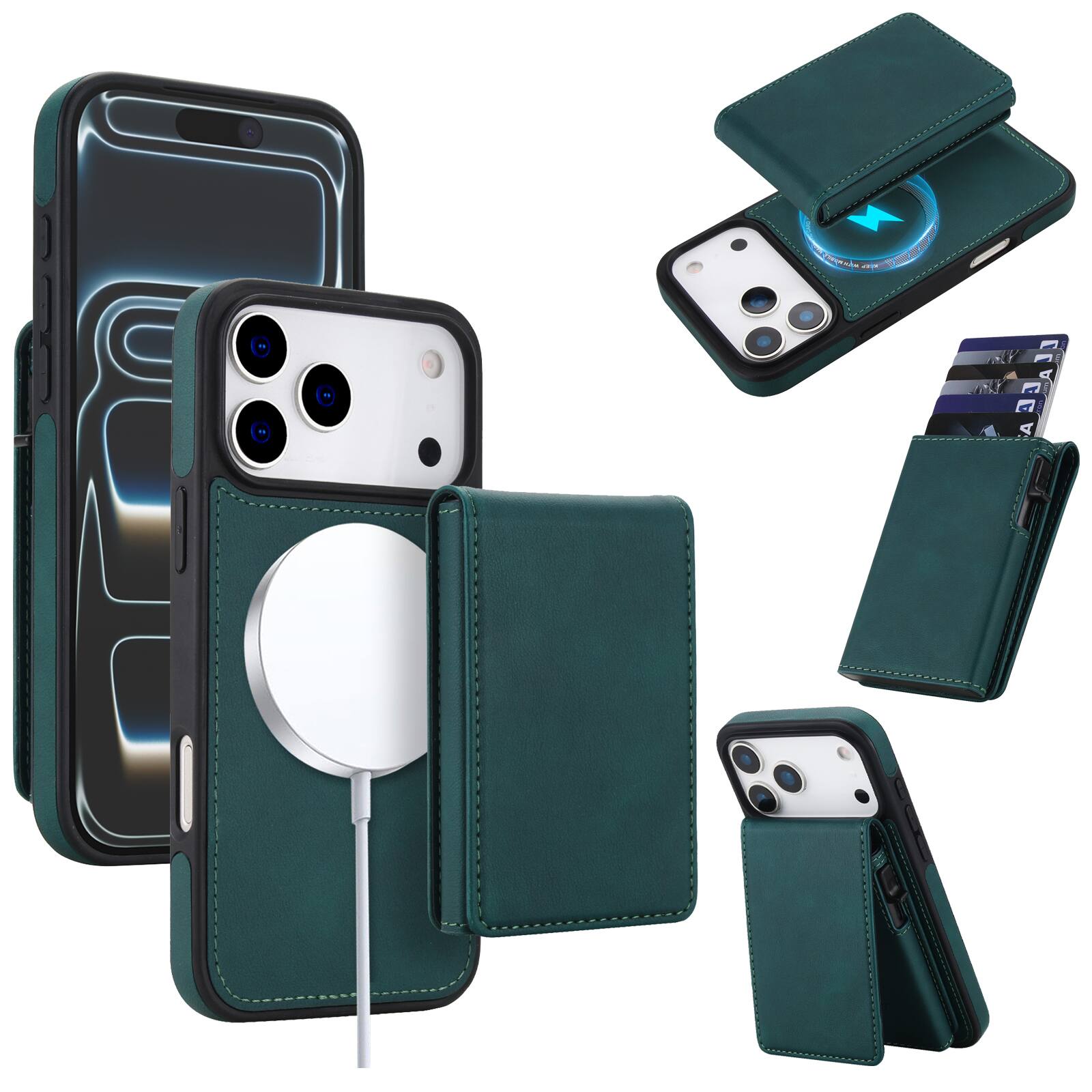 Alt View 5. Dteck - 2-in-1 Magnetic Wallet Case for Apple iPhone 17 Pro Max, Detachable Folio Cover with RFID Blocking & Dual Kickstand - Green.