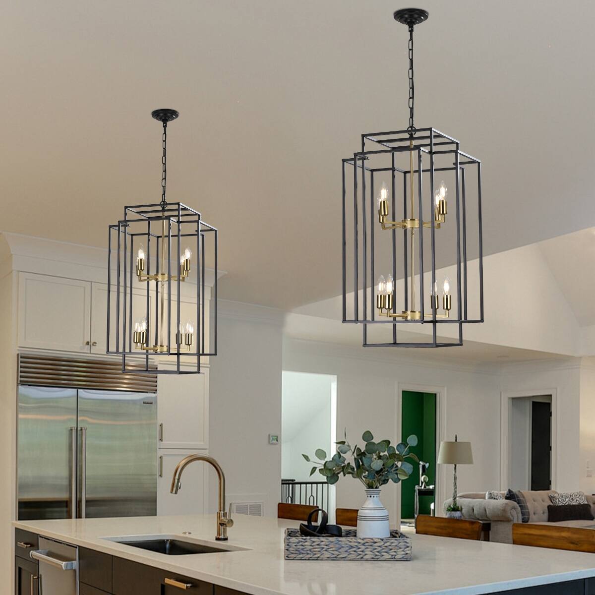 Angle. Loheer - Loheer 18 Inch Modern Eight Light Chandelier Black Gold Geometric Pendant for Dining Room Kitchen.