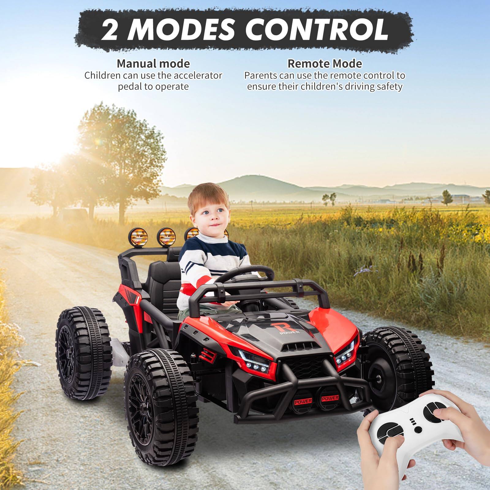 2 MODES CONTROL

Manual mode  
Children can use the accelerator pedal to operate

Remote Mode  
Parents can use the remote control to ensure their children's driving safety