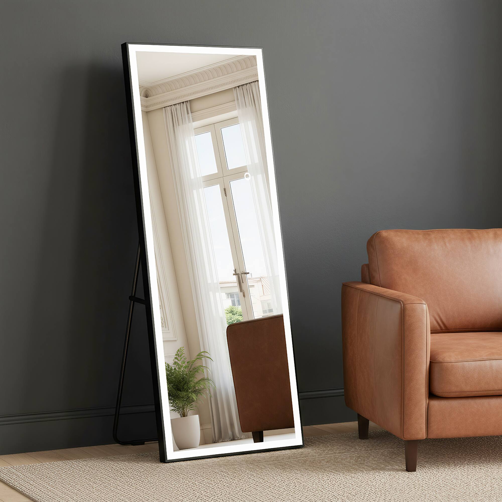 Front. Spaco - Spaco 71 x 28 Rectangle Black Framed Led Full-Length Tempered Mirror with Adjustable 3-Color LED Light - Black.