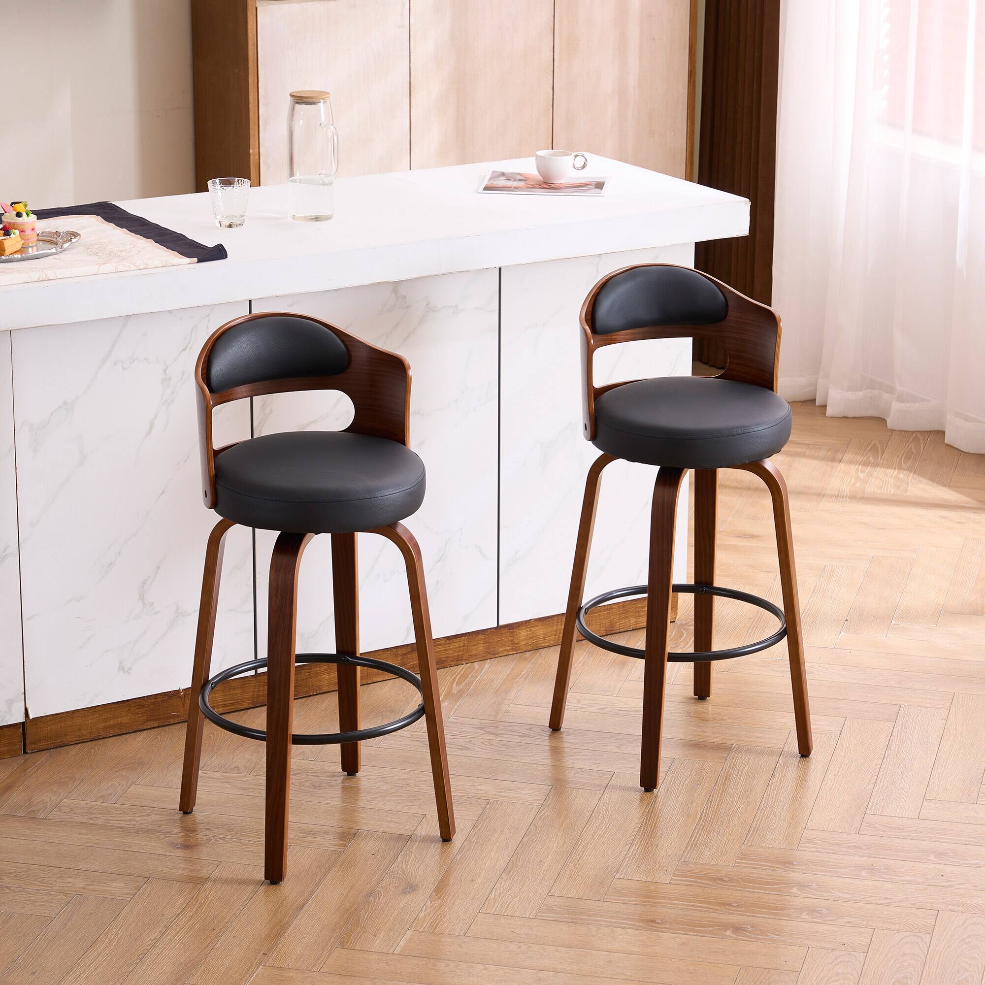 Angle. FERPIT - FERPIT Faux Leather Swivel Counter Bar Stools with Wood Legs Set of 2, Black, 30" - Black.