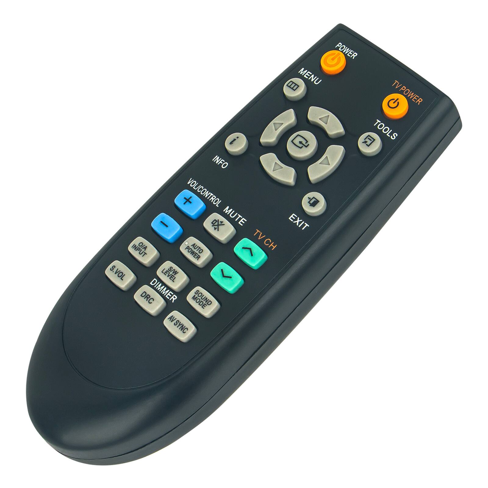 POWER  
MENU  
TOOLS  
INFO  
VOL/CONTROL  
+  
-  
MUTE  
EXIT  
TV CH  
TV POWER  
TV INPUT  
AUTO  
S VOL  
DRC  
DIMMER  
S/W  
MODE  
AV SYNC  
AV SYNC