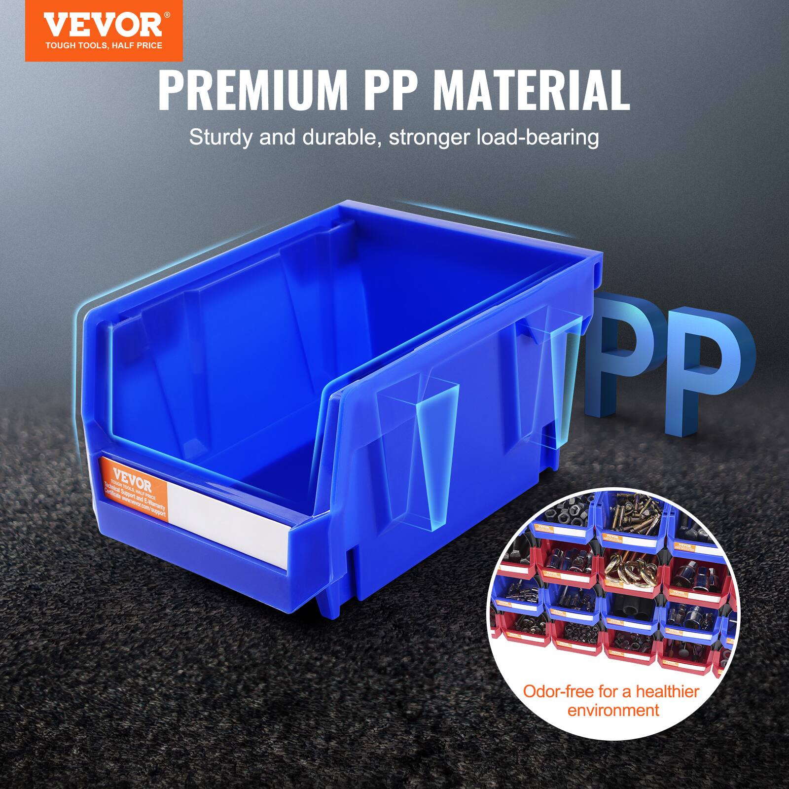 VEVOR  
TOUGH TOOLS, HALF PRICE  

PREMIUM PP MATERIAL  
Sturdy and durable, stronger load-bearing  

Odor-free for a healthier environment
