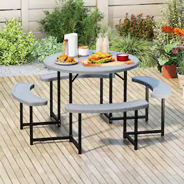 Costway - Round Picnic Table Bench Set with 4 Benches Umbrella Hole All Weather Tabletop - Gray