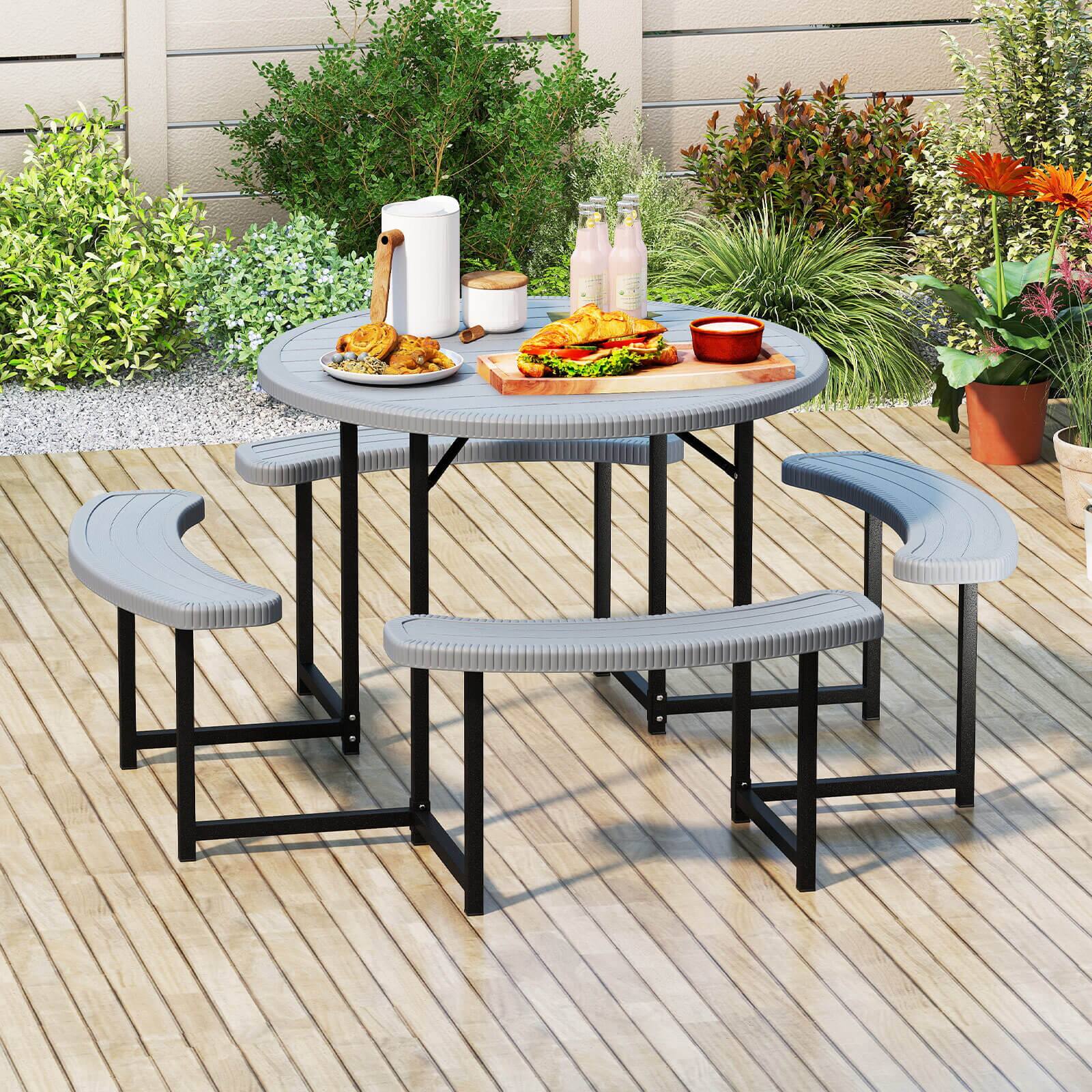 Alt View 2. Costway - Costway Round Picnic Table Bench Set with 4 Benches Umbrella Hole All Weather Tabletop - Gray.