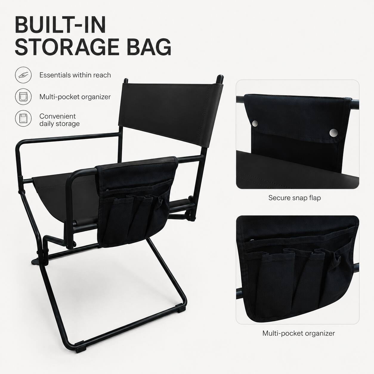 BUILT-IN STORAGE BAG

- Essentials within reach
- Multi-pocket organizer
- Convenient daily storage
- Secure snap flap
- Multi-pocket organizer