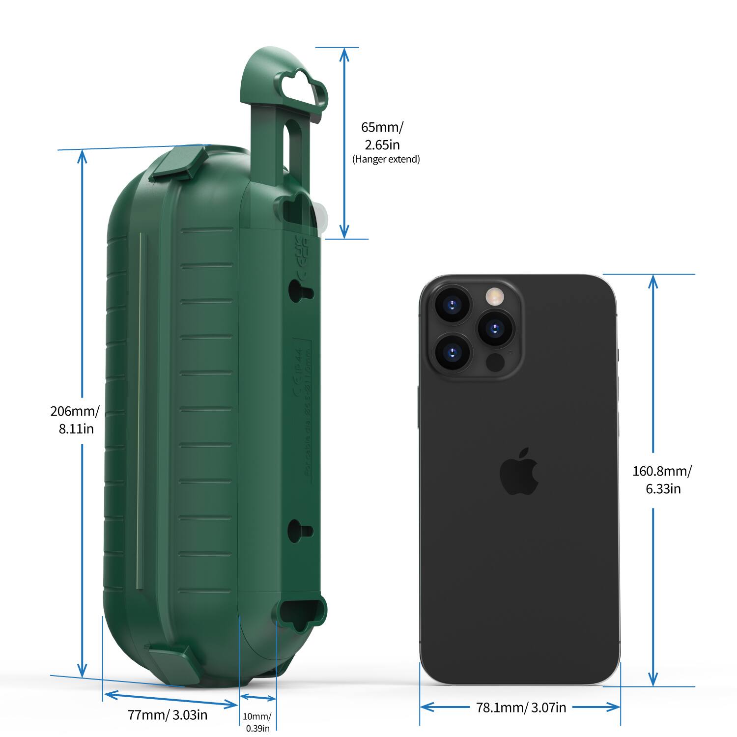 - 65mm / 2.65in (Hanger extend)
- 206mm / 8.11in
- 77mm / 3.03in
- 10mm / 0.39in
- 78.1mm / 3.07in
- 160.8mm / 6.33in
- 78.1mm / 3.07in