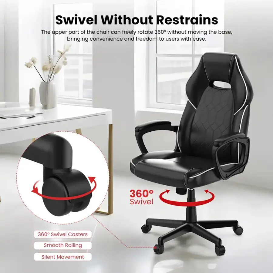 Swivel Without Restrains: The upper part of the chair can freely rotate 360 degrees without moving the base, providing convenience and freedom to users with ease. 360 Swivel: The chair features a 360-degree swivel, allowing for smooth and effortless movement. 360 Swivel Casters: The chair is equipped with 360-degree swivel casters for smooth rolling and silent movement.