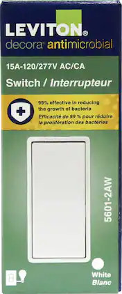 Leviton - 15 Amp Decora Antimicrobial Single-Pole Rocker Switch Model 5601-2AW - White