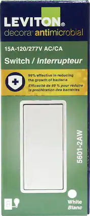 LEVITON
decora antimicrobial
15A-120/277V AC/CA
Switch / Interrupteur
99% effective in reducing the growth of bacteria
Efficacité de 99 % pour réduire la prolifération des bactéries
5601-2AW
White Blanc