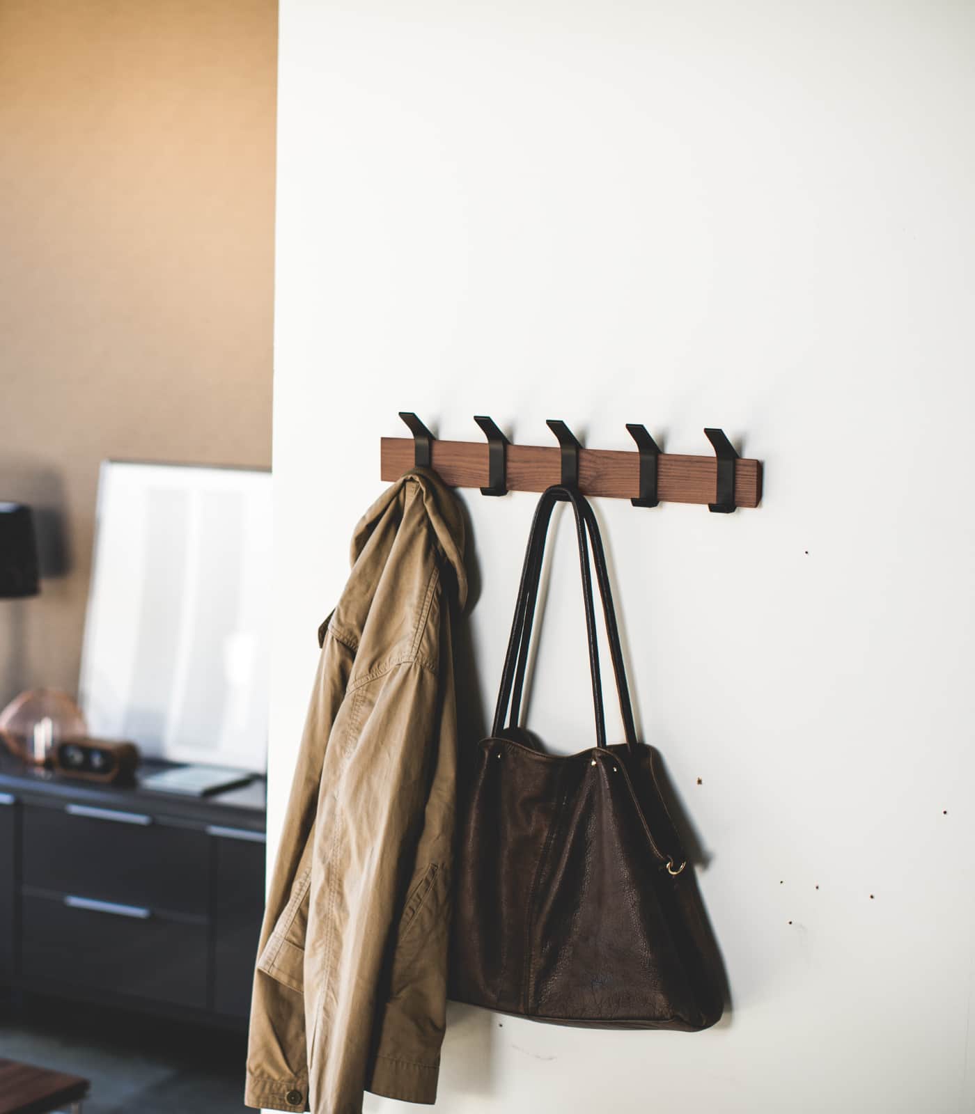 Yamazaki Home Wall Mounted Coat Rack Steel + Wood Walnut 4115