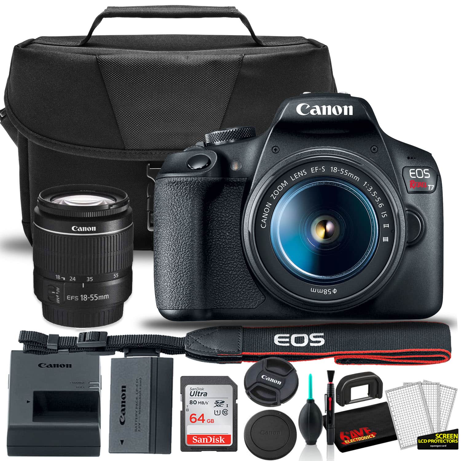 Canon EF-S 18-55mm Zoom Lens  
Canon EOS Rebel T7  
Canon EFS 18-55mm  
Canon SanDisk Ultra 64GB  
Canon LCD Protectors  
Canon Battery Grip  
Canon Lens Hood  
Canon Lens Cap  
Canon Lens Cleaning Kit  
Canon Camera Strap  
Canon Camera Bag
