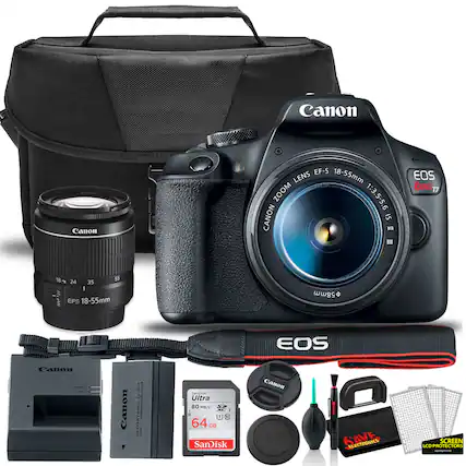 Canon EF-S 18-55mm Zoom Lens
Canon EOS Rebel T7
Canon EFS 18-55mm
Canon SanDisk Ultra 64GB
Canon LCD Protectors
Canon Battery Grip
Canon Lens Hood
Canon Lens Cap
Canon Lens Cleaning Kit
Canon Camera Strap
Canon Camera Bag