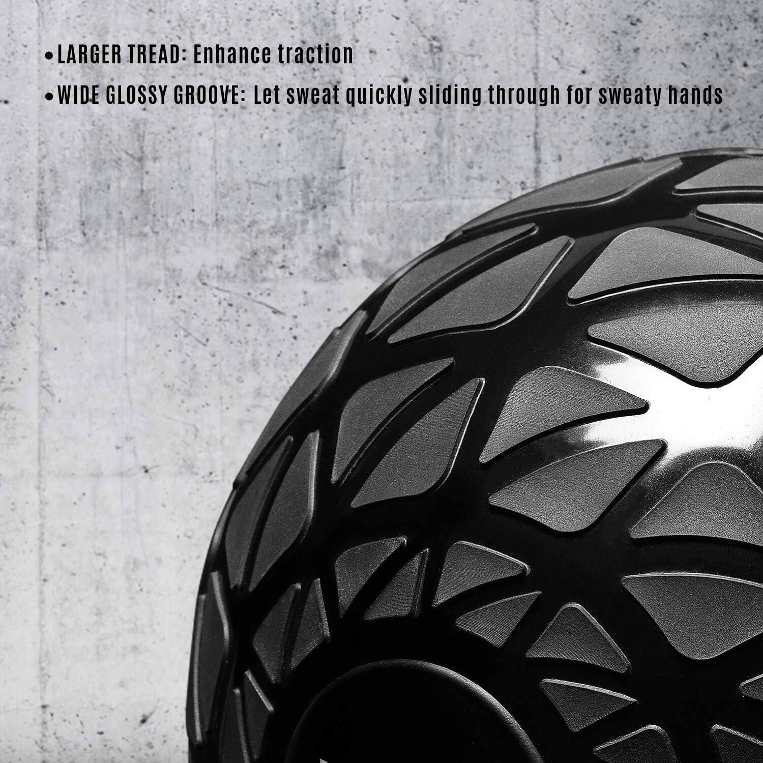 LARGER TREAD: Enhance traction  
WIDE GLOSSY GROOVE: Let sweat quickly sliding through for sweaty hands
