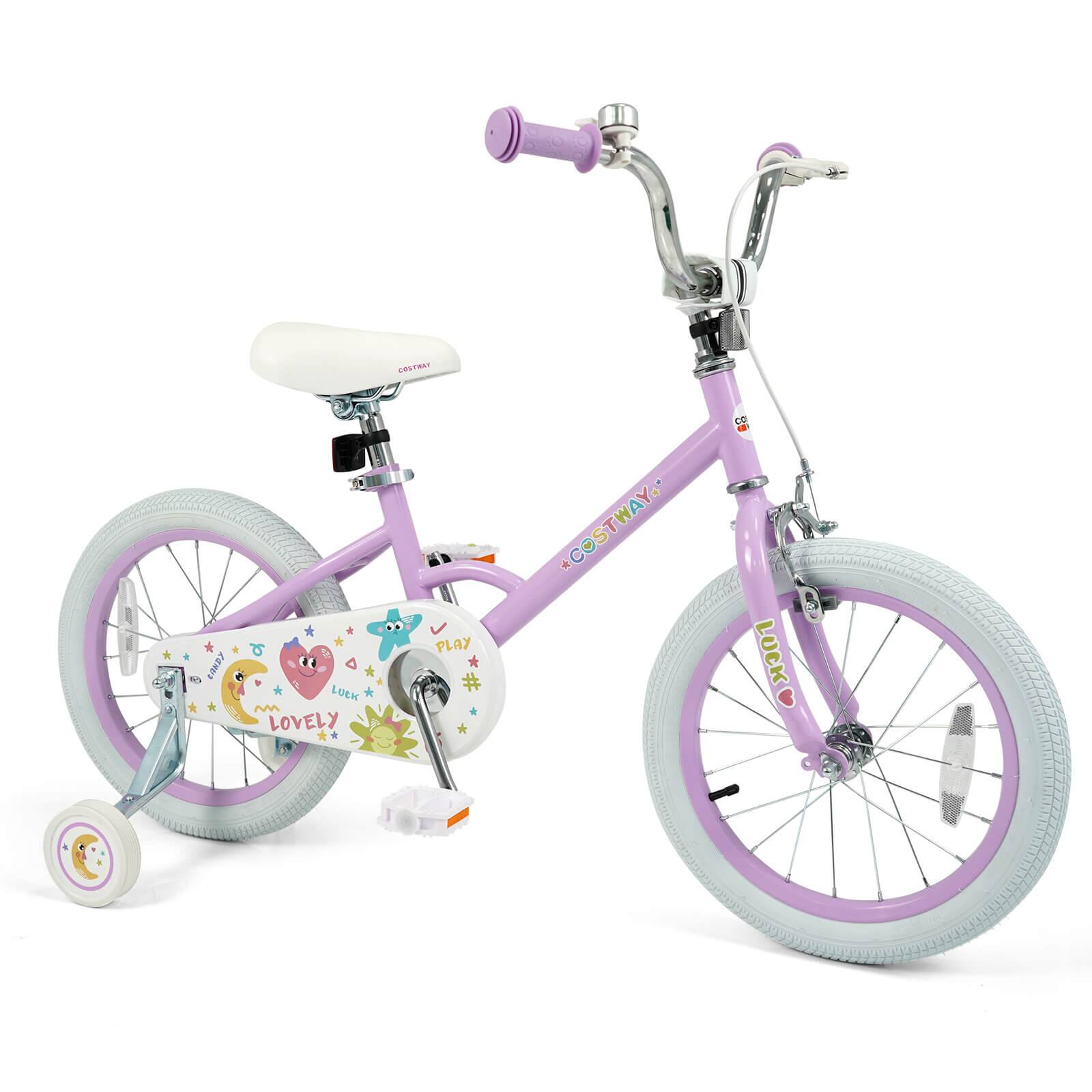 Costway - 16 Inch Kids Bike for Girls Boys Age 3-8 Years with Training Wheels, Coaster Brake - Purple