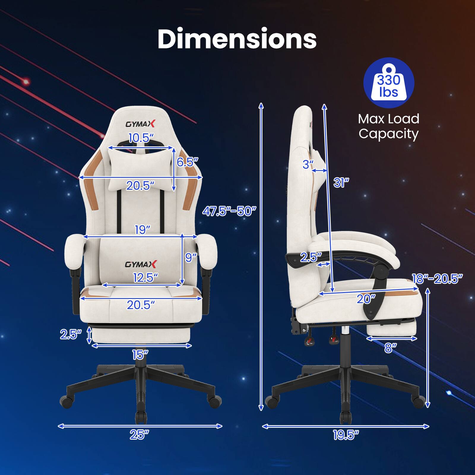 Dimensions  
330 lbs  
GYMAX 10.5"  
Max Load Capacity  
20.5"  
6.5"  
3"  
31"  
19"  
47.5"-50"  
GYMAX 12.5"  
20.5"  
9"  
2.5"  
20"  
18"-20.5"  
2.5"  
15"  
8"  
25"  
19.5"